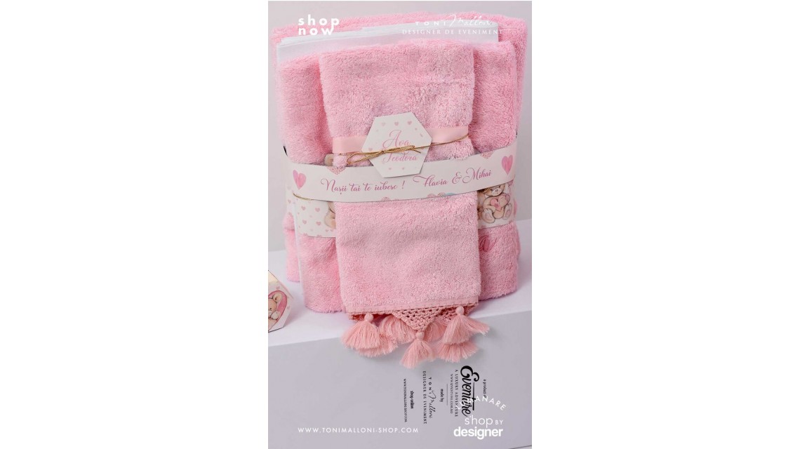 Trusou de botez cu ursuleti roz si inimioare Teddy Bear Pink Hearts 2